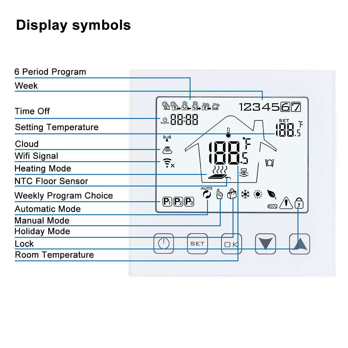 Wengart 24 V Underfloor Heating, Thermostat with Touch Screen for Water, Underfloor Heating, Room Thermostat, Digital WG03-1.3 A Flush Mount, White Backlight Wengart 24 V Underfloor Heating, Thermostat with Touch Screen for Water, Underfloor Heating, Room Thermostat, Digital WG03-1.3 A Flush Mount, White Backlight