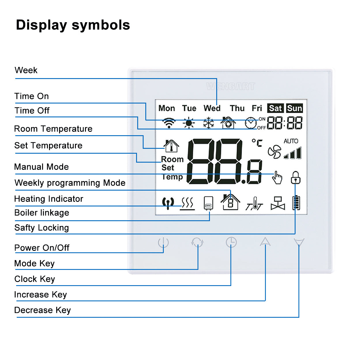 Wengart Thermostat Electrique 16A (WG505) - Programmable 7 Jours - Ecran Tactile LCD Noir - avec Sonde Exterieure 3m - Protection Surchauffe pour Parquet et Carrelage - Compatible Boitier Carré 86mm Wengart Thermostat Electrique 16A (WG505) - Programmable 7 Jours - Ecran Tactile LCD Noir - avec Sonde Exterieure 3m - Protection Surchauffe pour Parquet et Carrelage - Compatible Boitier Carré 86mm